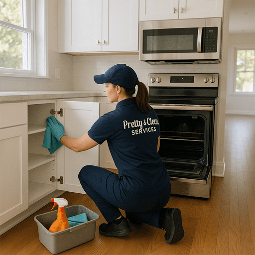 Pretty & Clean Services cleaner wiping inside cabinets and oven in an empty kitchen during a professional move-out cleaning in Palm Harbor