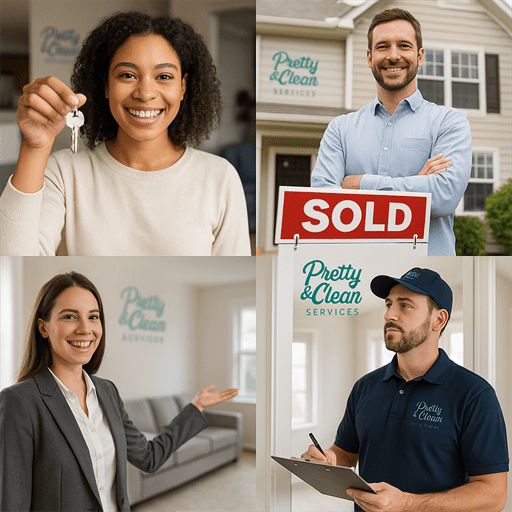 Visual collage of renter, homeowner, realtor, and property manager — all using Pretty & Clean Services for move-in or move-out cleaning in Palm Harbor