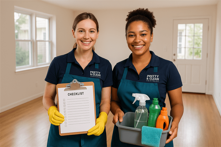 Team from Pretty & Clean Services standing in an empty, cleaned living room holding checklist and supplies, representing trusted move-in/out cleaning in Palm Harbor