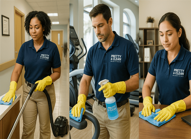 Realistic images of Pretty & Clean Services cleaners working in retail, medical, gym, and office environments throughout Oldsmar