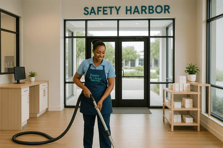 Pretty & Clean Services cleaner mopping a commercial office or retail floor in Safety Harbor, wearing branded uniform