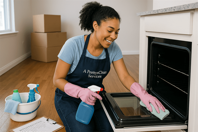 Pretty & Clean Services cleaner deep-cleaning an empty home in Safety Harbor as part of a move-out service, with a checklist and supplies nearby