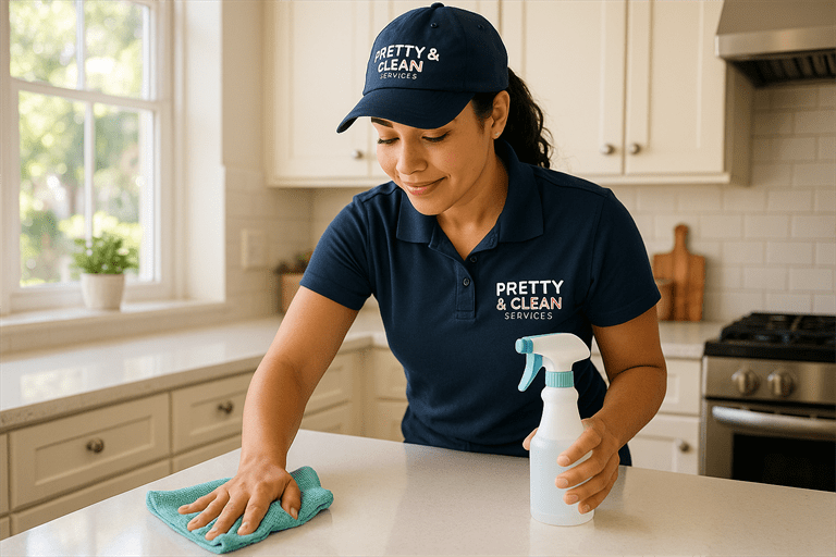 Pretty & Clean Services cleaner wiping a kitchen counter inside a bright home in Safety Harbor using eco-friendly supplies