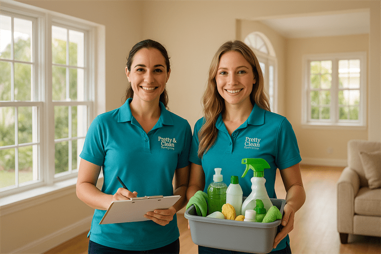 Pretty & Clean Services cleaners standing inside a clean home in Safety Harbor with checklist and cleaning caddy, showing trust and professionalism