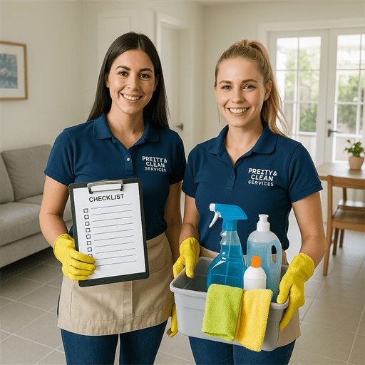 Two Pretty & Clean Services cleaners standing confidently inside a home in Dunedin, FL