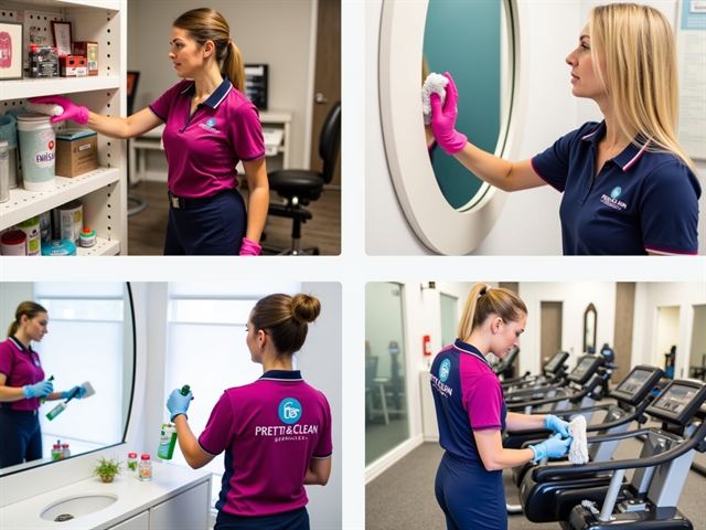 Pretty & Clean Services team cleaning in a boutique, gym, salon, and office in Dunedin, wearing branded uniforms