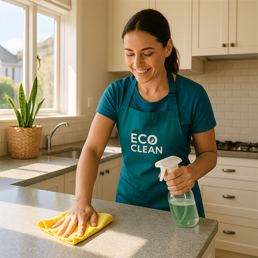 Cleaner wiping kitchen counter in a sunny Dunedin home with Pretty & Clean Services branding