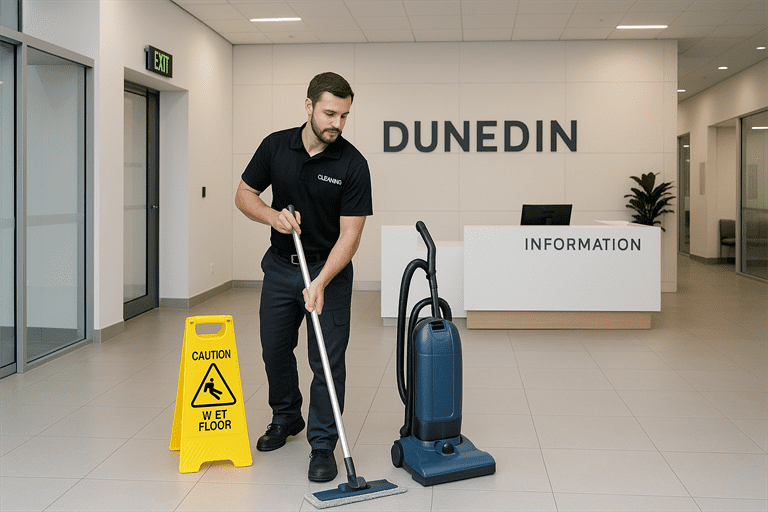 Pretty & Clean Services cleaner working in a retail or clinic space in Dunedin