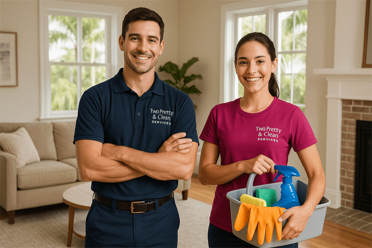 Pretty & Clean Services team standing inside a clean home in Tarpon Springs, wearing branded uniforms