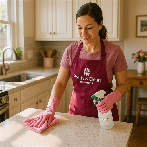 Pretty & Clean Services cleaner wiping a kitchen counter in a sunlit Tarpon Springs home with eco-friendly cleaning supplies
