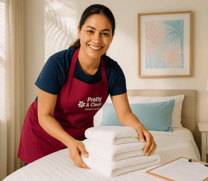 Pretty & Clean Services cleaner preparing a guest-ready rental unit in Florida, wearing branded uniform with logo