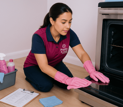 Pretty & Clean Services cleaner deep-cleaning an oven and baseboards during a one-time detailed project in a Florida home