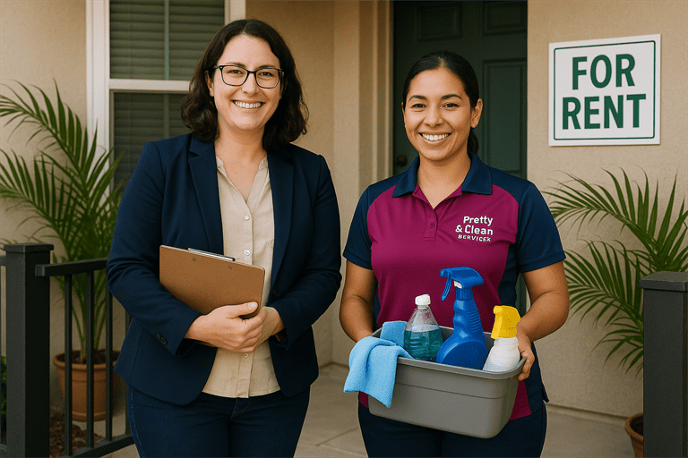 Pretty & Clean Services cleaner and property manager standing outside a Florida rental, holding checklist and supplies