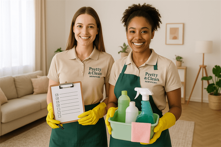 Pretty & Clean Services team smiling in a rental living room, holding checklist and caddy with branded uniforms