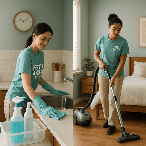 Pretty & Clean Services cleaners detailing a rental unit — wiping mirrors and vacuuming hallway with visible branded tools