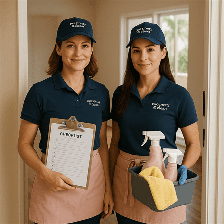 Pretty & Clean Services team at the entrance of a freshly cleaned Florida home, holding supplies and checklist in branded uniform