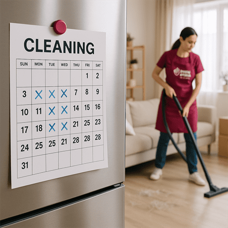 Pretty & Clean Services cleaner vacuuming behind furniture during a scheduled deep clean, with calendar and checklist in view