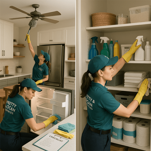 A square split image featuring Pretty & Clean Services cleaners. On the left, one cleaner wipes inside an open fridge while another dusts a ceiling fan in a bright, modern kitchen with off-white cabinets and muted green accents. On the right, a third cleaner organizes a pantry with neatly arranged cleaning supplies, labeled bins, and soft natural lighting
