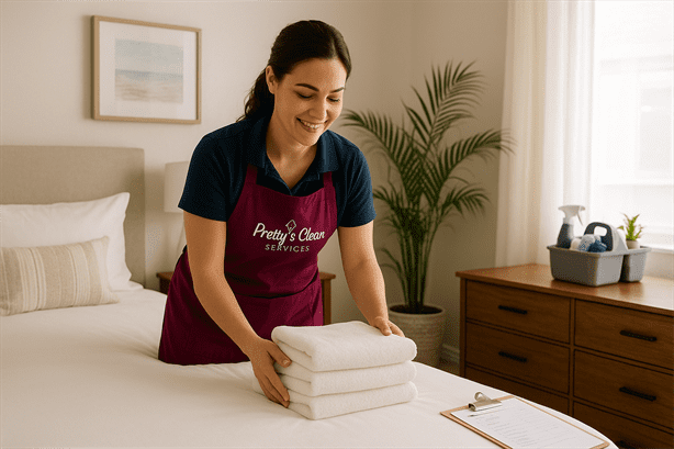 Pretty & Clean Services cleaner staging a rental bedroom with fresh towels and cleaning checklist, preparing the unit for new guests