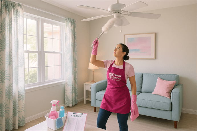 Pretty & Clean Services cleaner deep-cleaning baseboards and light fixtures in a recently renovated Palm Harbor home