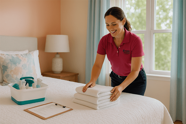 Pretty & Clean Services cleaner preparing an Oldsmar rental unit with fresh towels and checklist after guest turnover