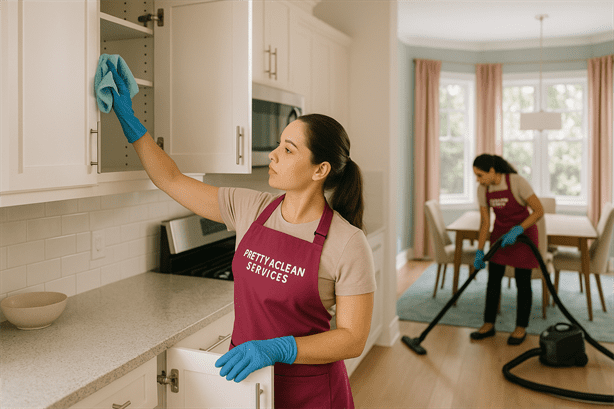 Pretty & Clean Services cleaners deep-cleaning kitchen cabinets and floors in a post-project Safety Harbor home