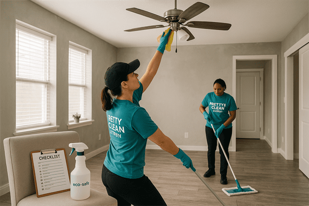 Pretty & Clean Services cleaners performing a deep clean in a renovated Dunedin home, detailing ceiling fans and floors