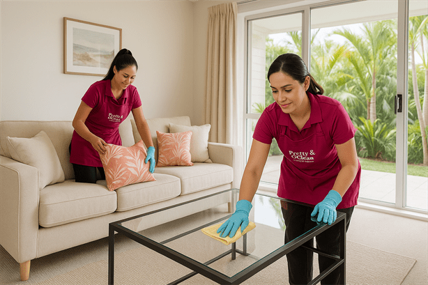 Pretty & Clean Services team staging a clean, sunlit rental in Dunedin — refreshing furniture and surfaces before guest check-in