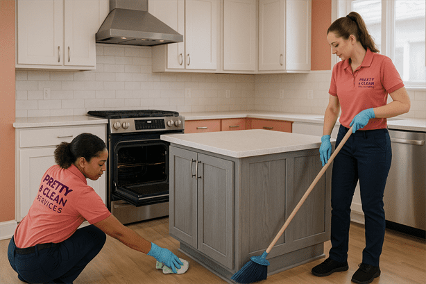Pretty & Clean Services team deep-cleaning a kitchen in Tarpon Springs — detailing the oven and floors post-project