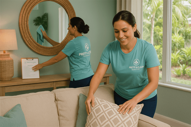Pretty & Clean Services cleaners resetting a vacation rental in Tarpon Springs, preparing the space for new guests