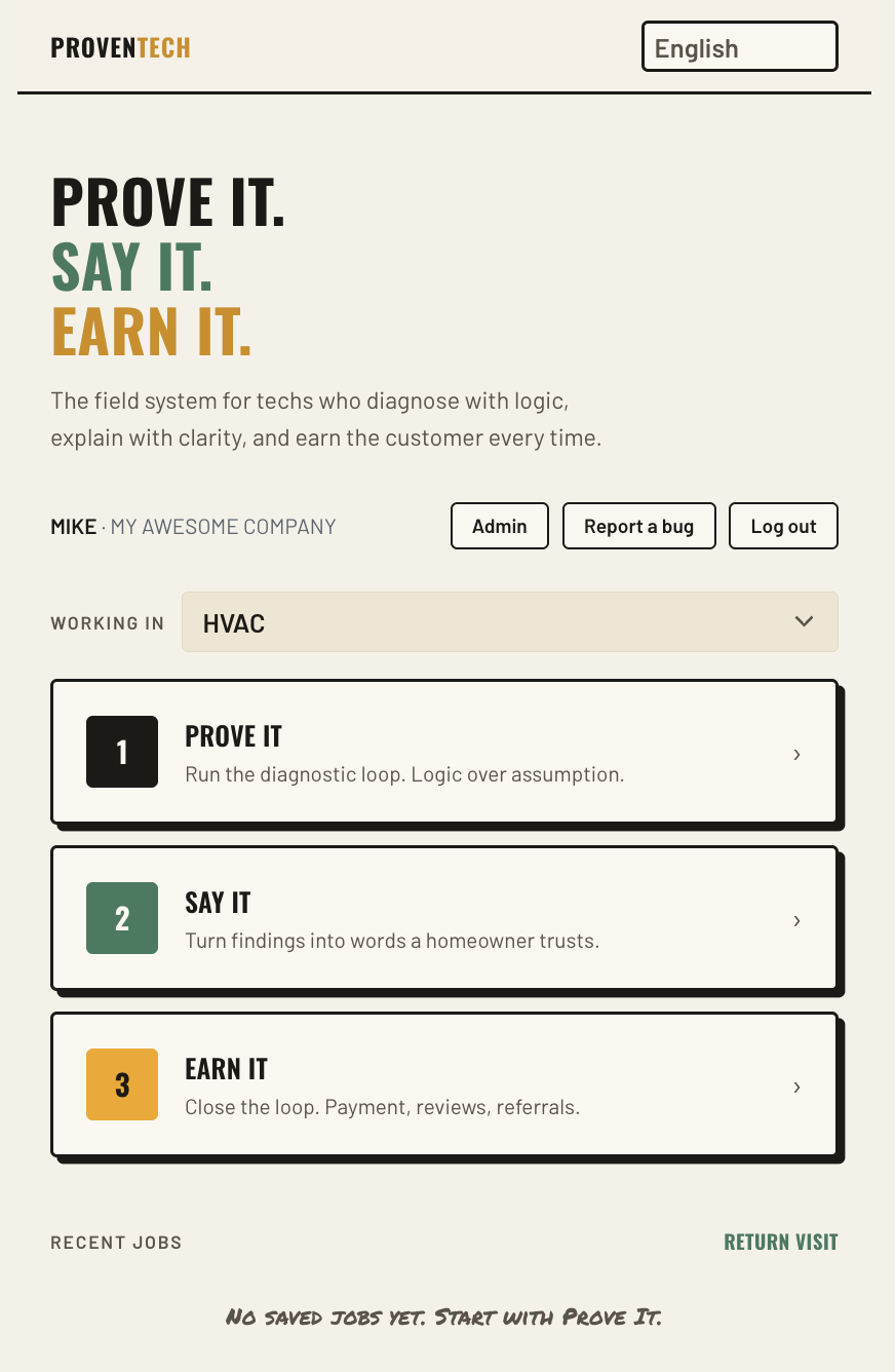 Proven Tech, mid-call (real account, cropped)