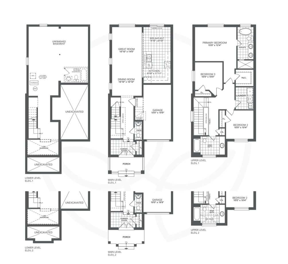 30 foot single detached floor plan: lower, main and upper levels