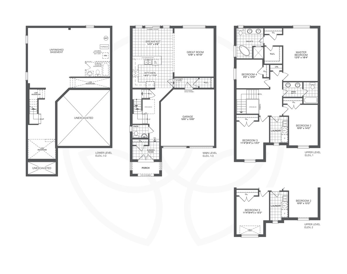 36 foot detached floor plan: lower, main and upper levels