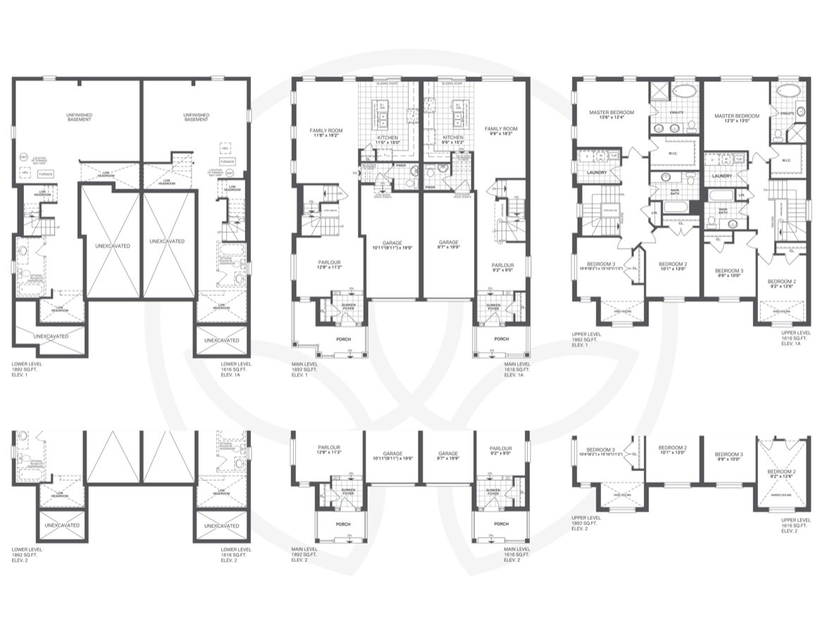 Semi-detached floor plans: lower, main and upper levels