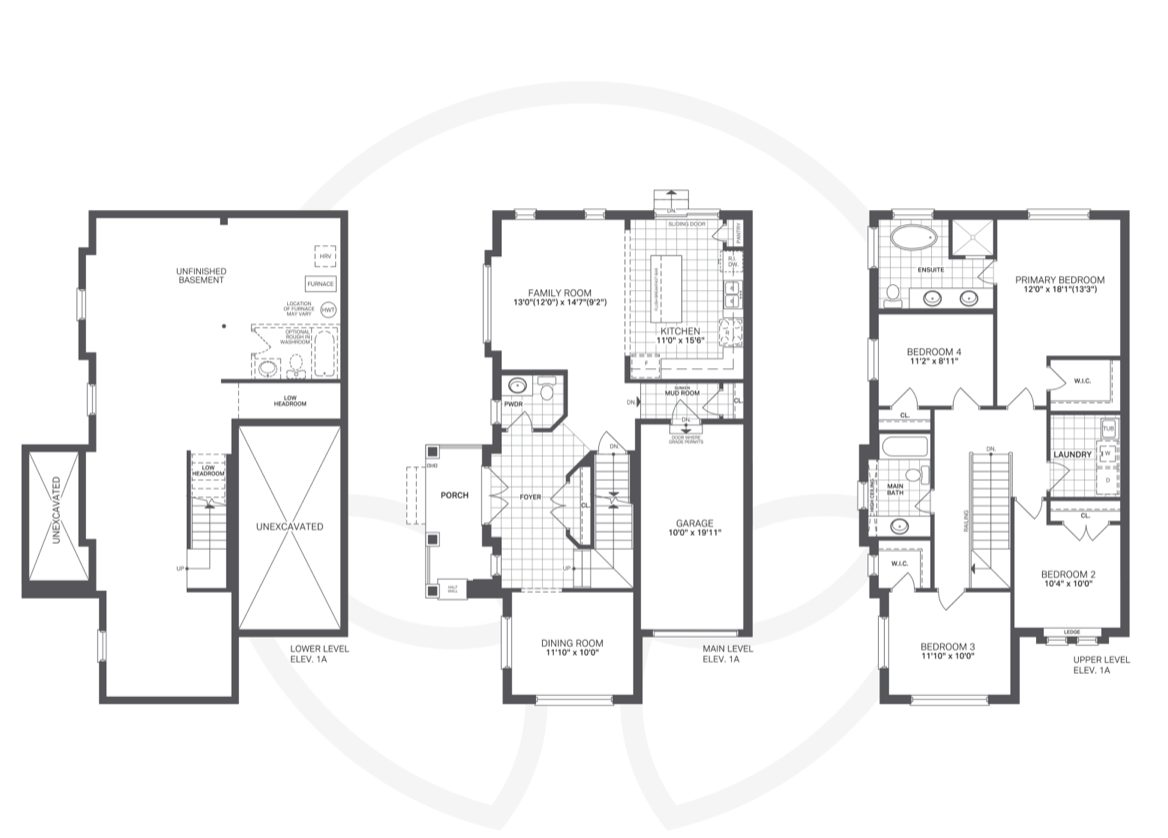 Freehold townhome floor plan: lower, main and upper levels