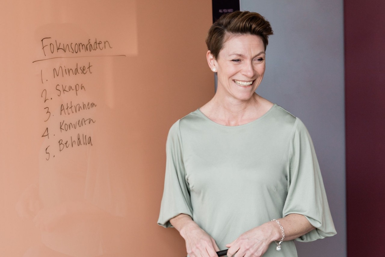 Grunden av Solopreneurerna, Jill Nyqvist, står framför en whiteboardtavla där det står Fokusområden 1-5. Mindset, skapa, attrahera, konvertera och behålla. Hon har på sig en mintgrön silkesblus och ler mot sidan.