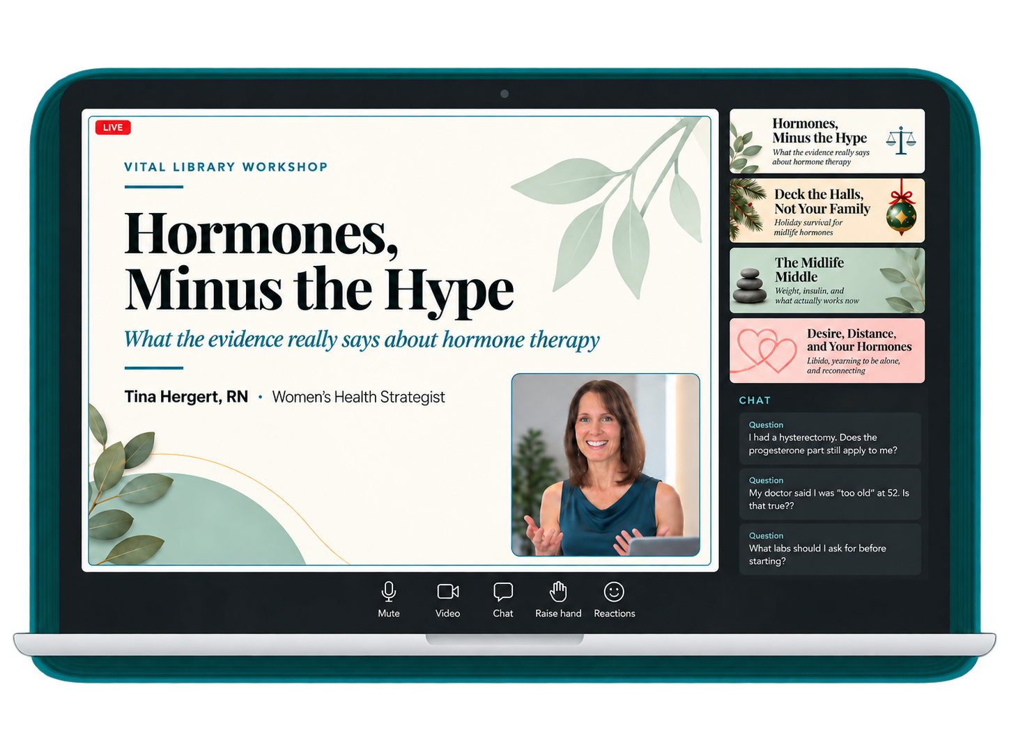 Hormones, Minus the Hype live on Zoom with Tina Hergert, RN
