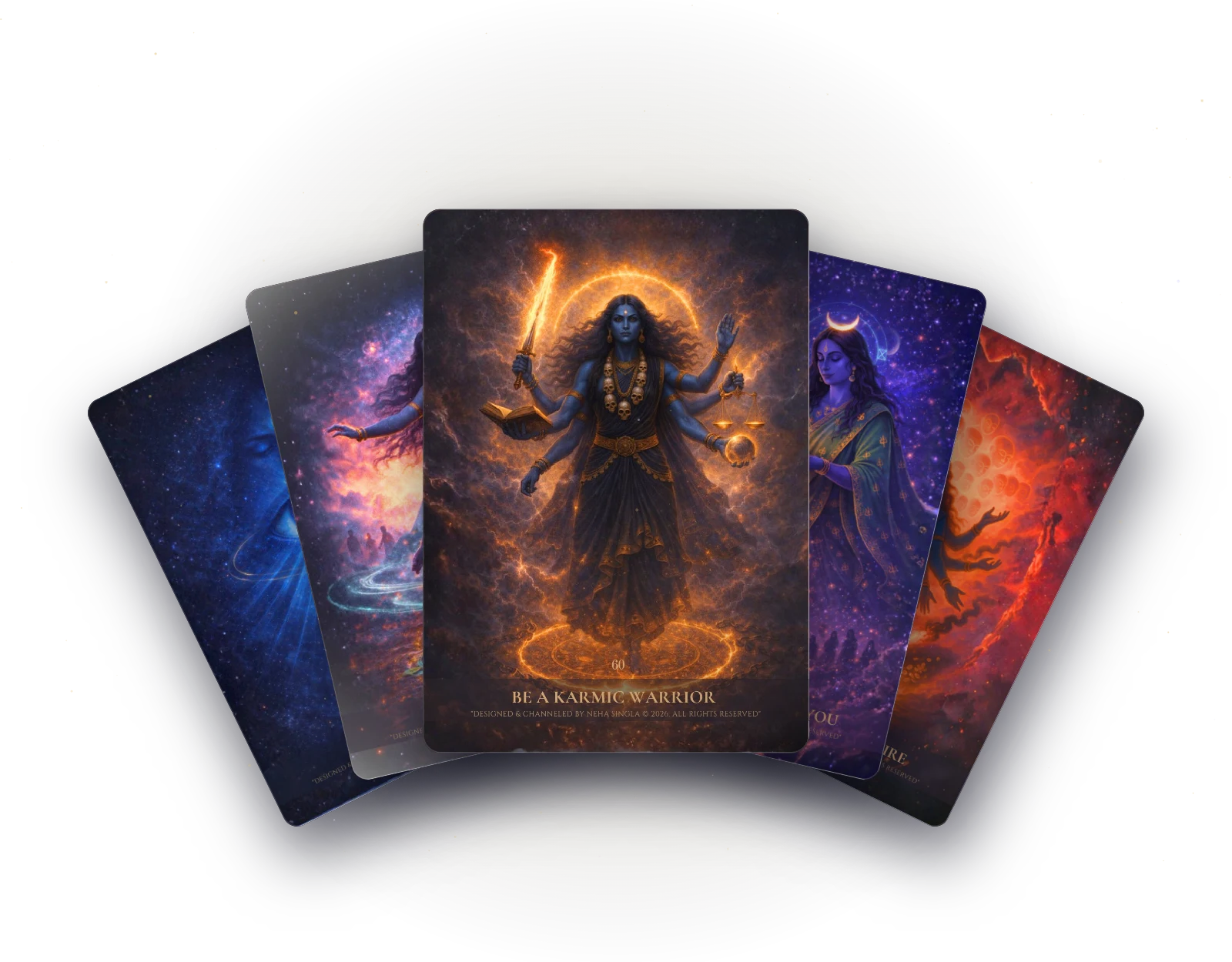 Five cards from the Mahākālī Akashic Oracle fanned out, with Be A Karmic Warrior at the centre