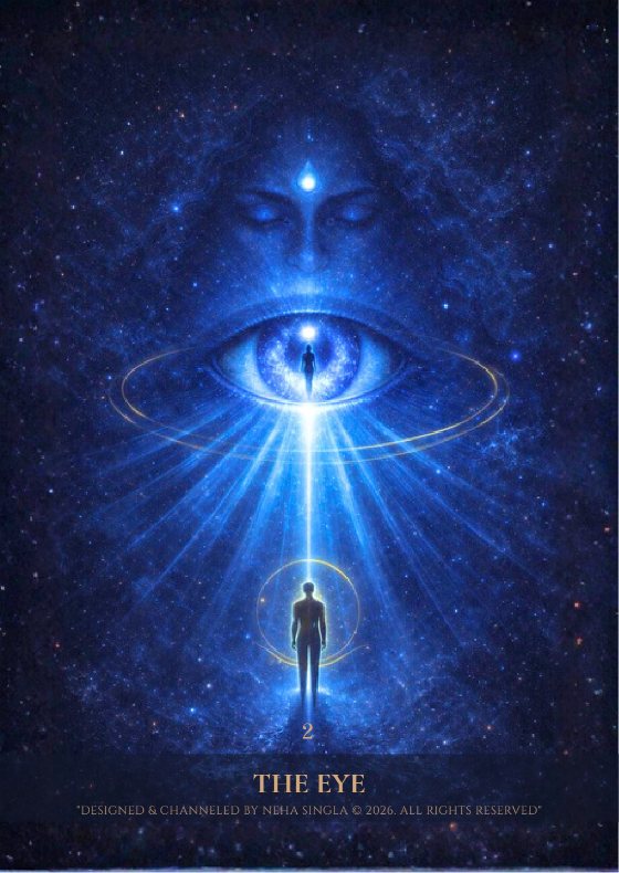 Card 2, The Eye: a glowing eye above a small figure standing in starlight
