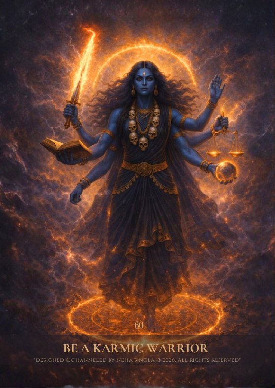 Card 60, Be A Karmic Warrior: Mahākālī with a flaming sword, a book and scales