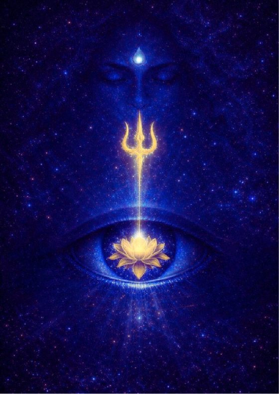The card back of the Mahākālī Akashic Oracle: a trident and lotus inside a cosmic eye