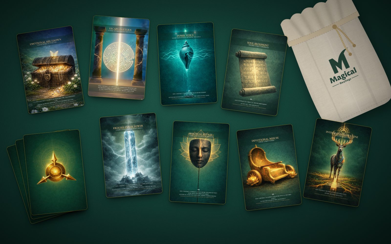 Akashic Masculine Tarot cards spread out with linen bag