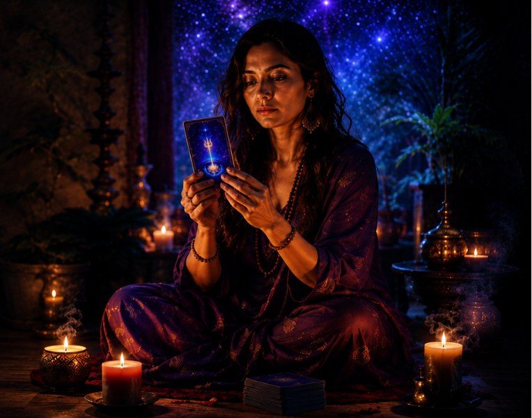 A woman reading an Akashic card by candlelight
