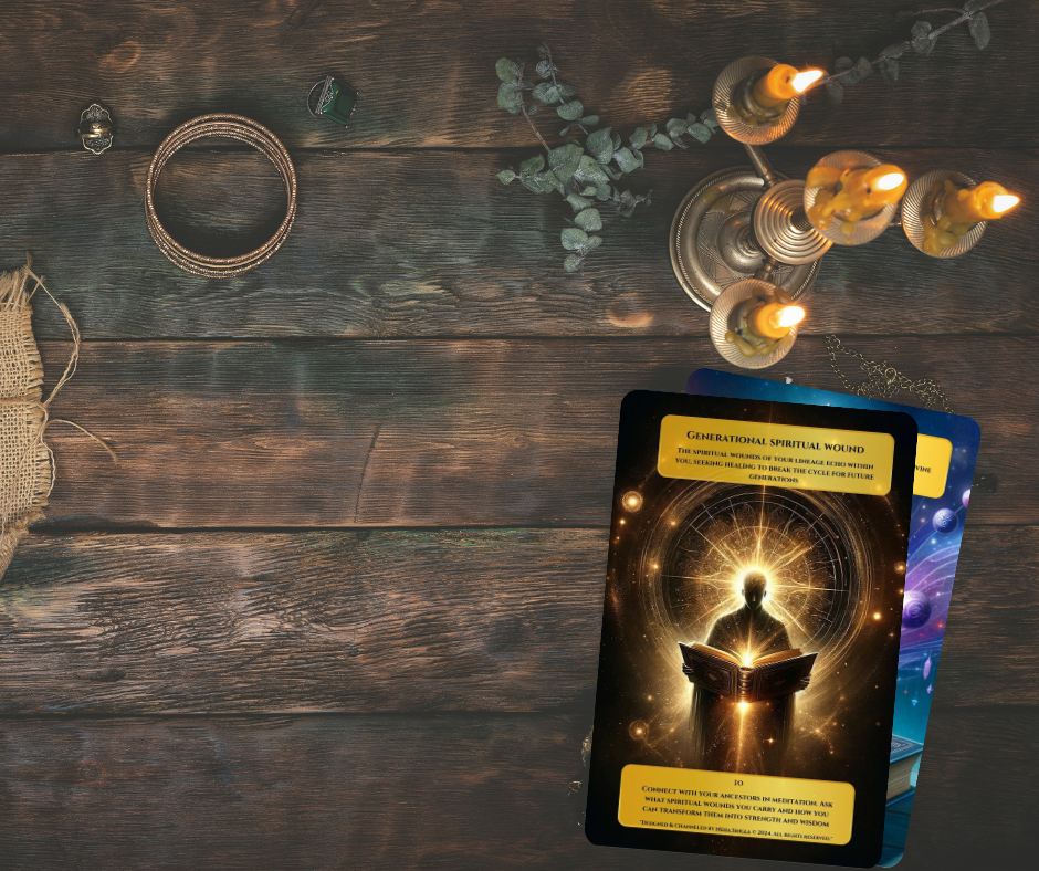 Card 62, Generational Spiritual Wound, beside brass candle holders on dark wood
