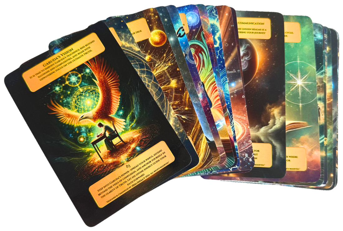 The Akashic Healing Cards fanned out, with Garuda's Vision on top