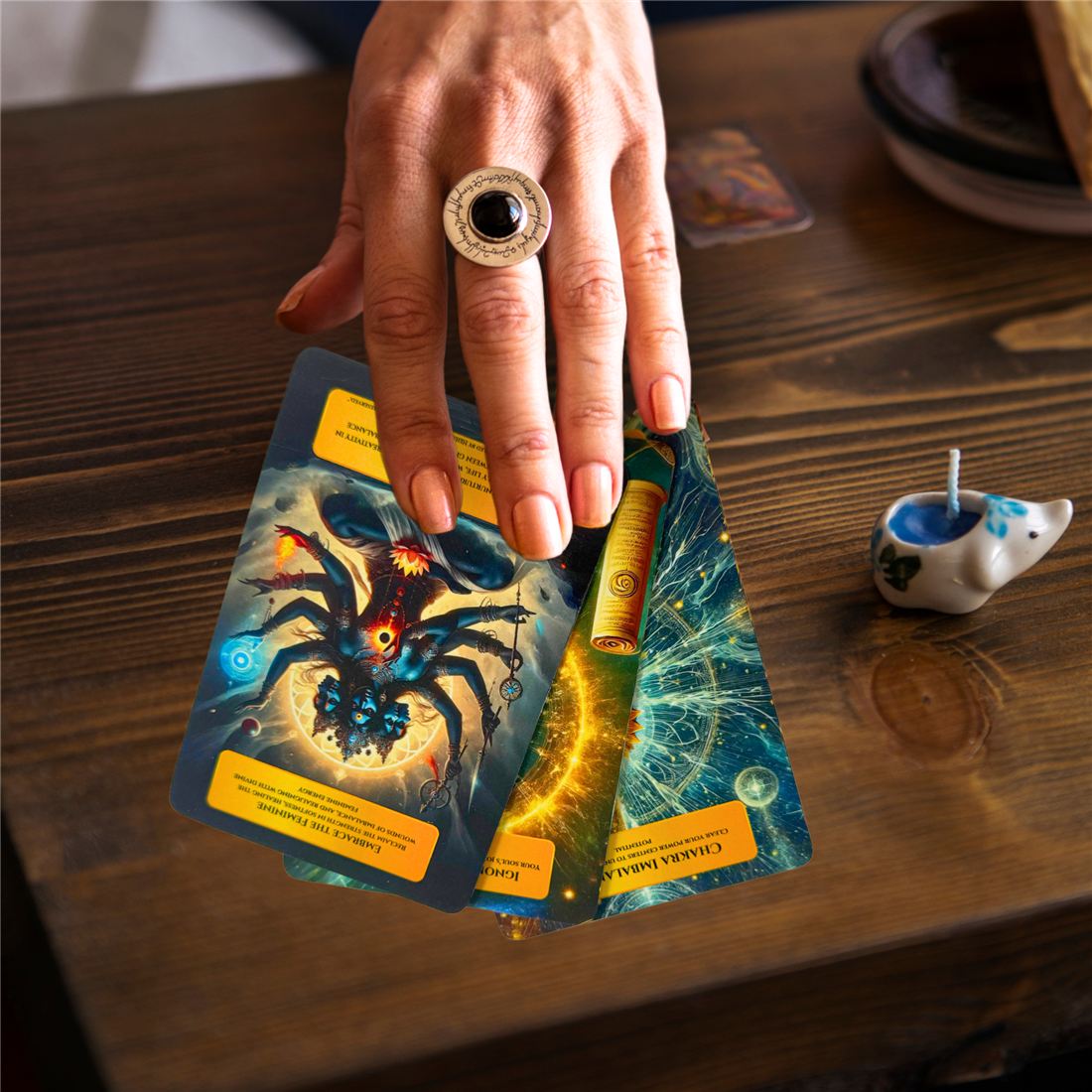 A hand laying out Embrace the Feminine, Chakra Imbalance and other cards on a wooden table
