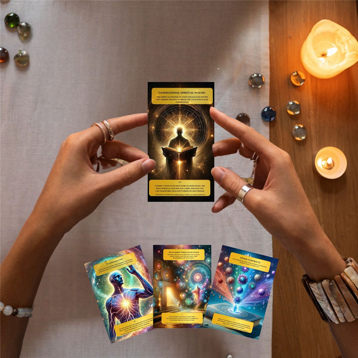 Hands holding card 62, Generational Spiritual Wound, with Wounded Masculine, Detachment Through Devotion and Divine Contracts laid below