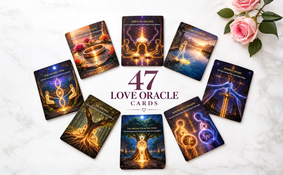 Eight Love Akashic Oracle cards arranged in a circle around the words 47 Love Oracle Cards