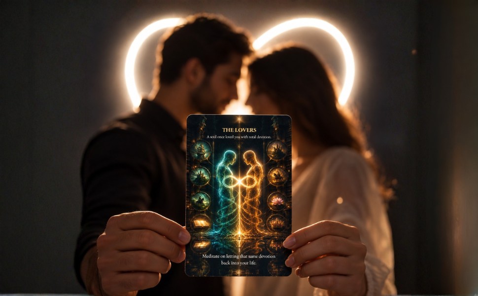 A couple behind a glowing heart holding card 1, The Lovers