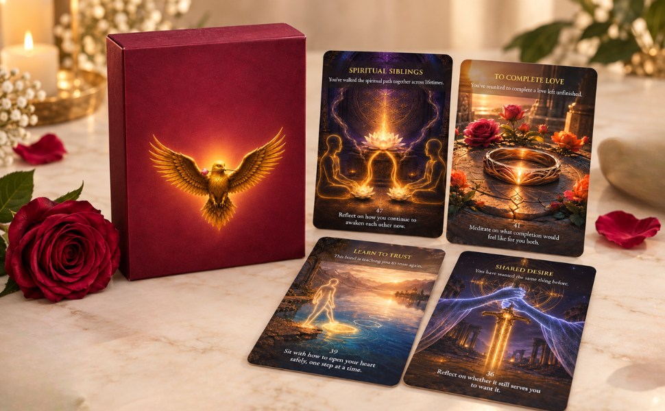 The Love Akashic Oracle box with cards Spiritual Siblings, To Complete Love, Learn to Trust and Shared Desire beside a red rose